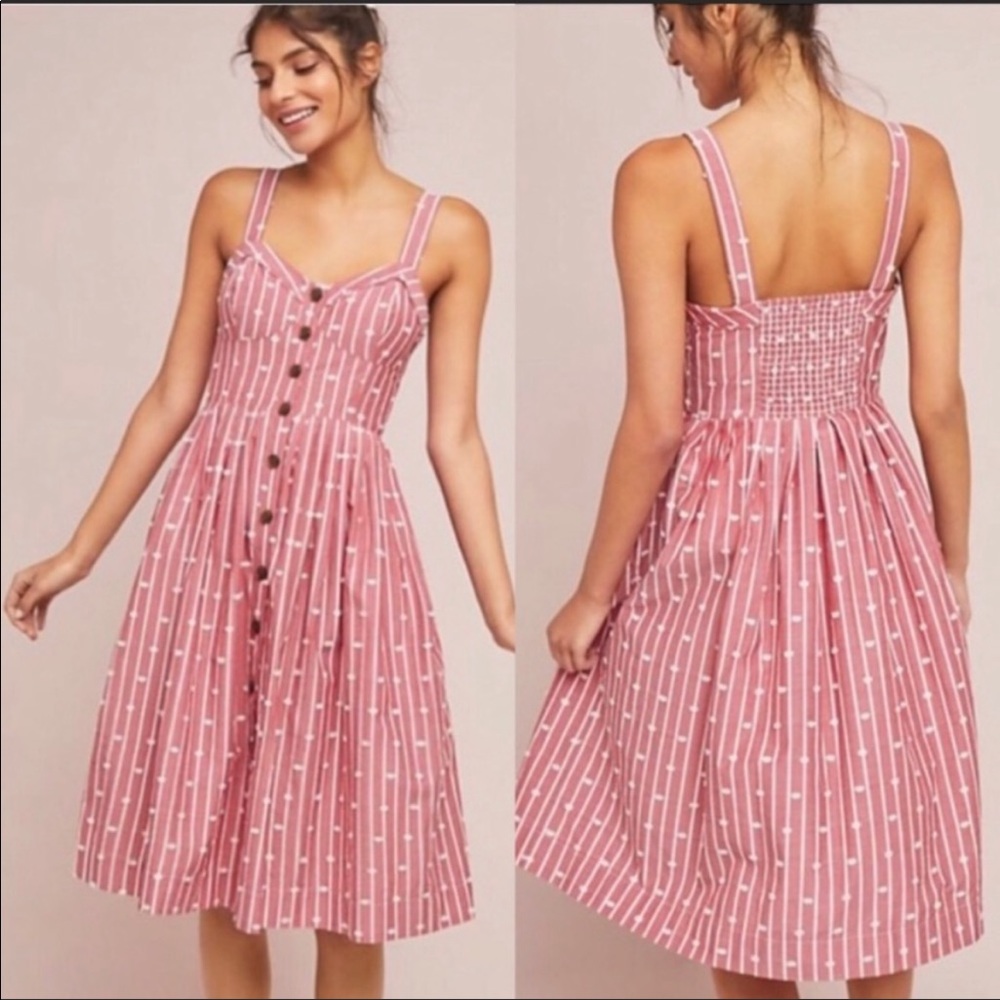 Maeve By Anthropologie Pink Stripe Polka Dot Midi Dress Size 8